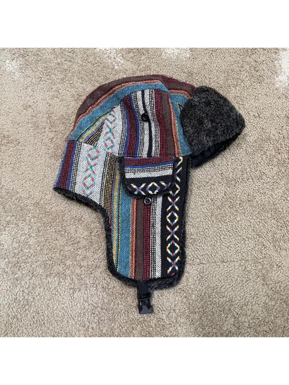 Vintage Striped Boho Faux Fur Trapper Hat